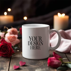 Valentinstag Becher Mockup Weiße Kaffeetasse, 11 Unze weiße Keramikbecher Mockup, Valentinstag Hintergrundfoto, sofortiger digitaler Download