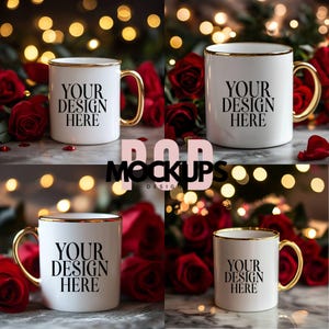 4 White Mug with Gold Handle Bundle, Valentine&#39;s Day Coffee Cup Mug Mockup, Vday 11oz Blank Ceramic Mug, Digital Instant Download