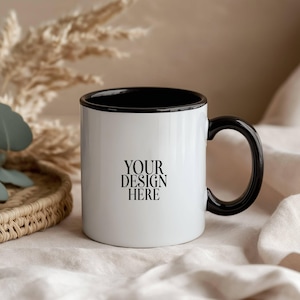 Black Handle Mug Mockup, 11oz White Coffee Mug Mockup, White Ceramic Mug Mockups, Boho Aesthetic Photo Template, JPG Instant Download