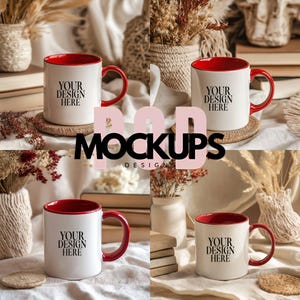 4 Red Mug Mockup Bundle 11oz Red Accent Coffee Mug Mockup White Mug with Red Handle Blank Ceramic Coffee Cup Mockup JPG Instant Download