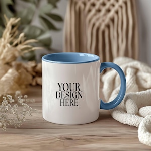 Blue Accent Mug Mockup: 11oz Ceramic Coffee Cup (JPG Digital Download)