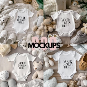 4 Baby Bodysuit Mockup Bundle Boho White Baby Onesie Mockup Infant Baby Short Sleeve Mockup Baby White Romper Boho Mockup Instant Download