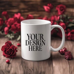 Valentine&#39;s Day Mug Mockup White Coffee Cup, 11oz White Ceramic Mug Mockup, Valentine&#39;s Background Photo, Instant Digital Download