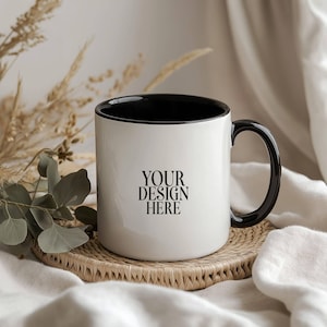 Black Handle Mug Mockup, 11oz White Coffee Mug Mockup, White Ceramic Mug Mockups, Boho Aesthetic Photo Template, JPG Instant Download
