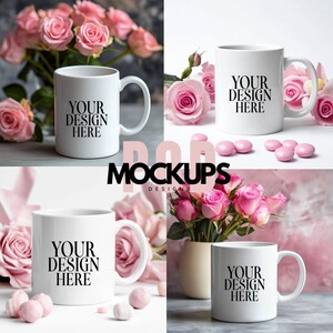 4 Floral Mug Mockup Bundle, White Coffee Cup, 11oz White Ceramic Mug Mockup, Flowers Background Photo Design Mock Up JPG Digital Download