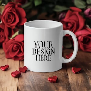 Valentine&#39;s Day Mug Mockup White Coffee Cup, 11oz White Ceramic Mug Mockup, Valentine&#39;s Background Photo, Instant Digital Download