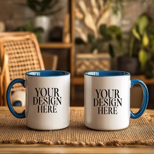Blue Accent Mug Mockup: 11oz Ceramic Mug, Boho Style (JPG Digital Download)