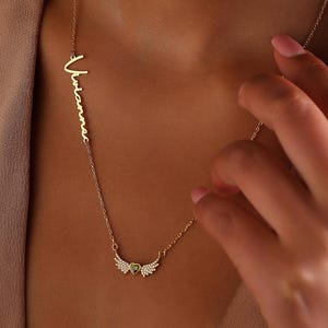 Angel Wings Necklace, Heart Diamond Birthstone Jewelry, Personalized Name Gift, Mother's Day Gifts for Mom immagine 1