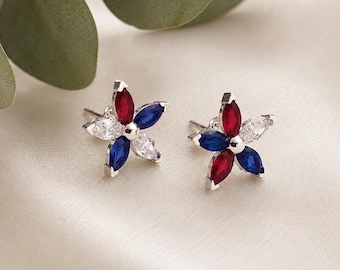 Patriotic Birthstone Earrings, USA Flag Inspired Stud Earrings,  4th of July Jewelry Gift