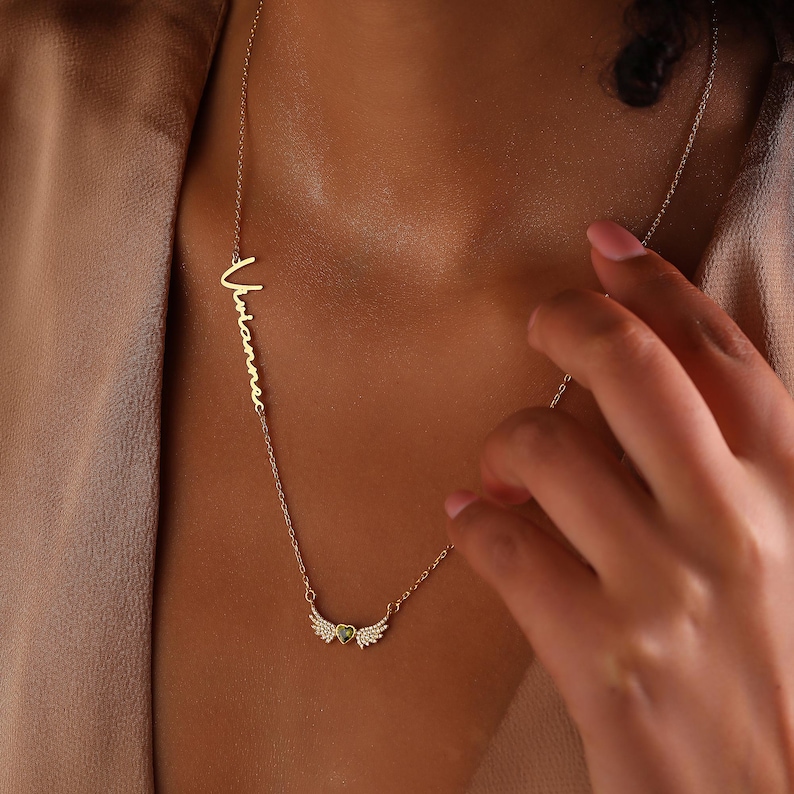 Angel Wings Necklace, Heart Diamond Birthstone Jewelry, Personalized Name Gift, Mother's Day Gifts for Mom immagine 1