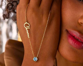 March Aquamarine Birthstone Necklace, Personalized Name Necklaces, Custom March Birthday Gift with Aquamarine Charm, Jewelry Gift for Her