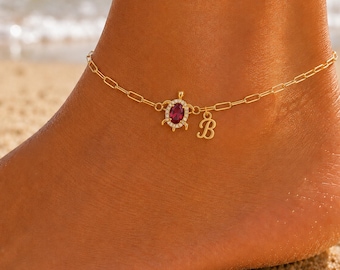 Personalized Turtle Birthstone Initial Anklet: Sterling Silver Paperclip Chain Jewelry, Custom Letter Ankle Bracelet