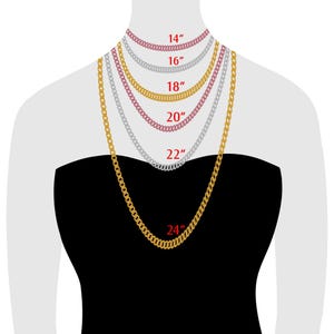 Pu&ograve; includere: Illustrazione di una persona che indossa diverse collane in oro, argento e oro rosa di varie lunghezze. Le catene sono visualizzate in lunghezze da 35,5 cm a 61 cm, con ogni lunghezza chiaramente etichettata in testo rosso.