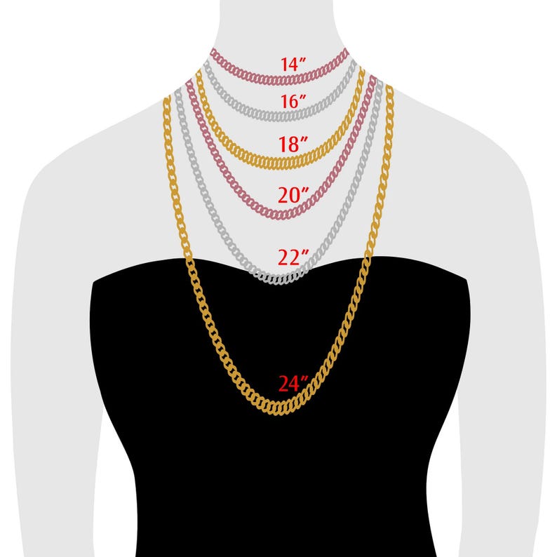 Pu&ograve; includere: Illustrazione di una persona che indossa diverse collane in oro, argento e oro rosa di varie lunghezze. Le catene sono visualizzate in lunghezze da 35,5 cm a 61 cm, con ogni lunghezza chiaramente etichettata in testo rosso.