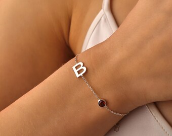 Custom Initial Bracelet, Sterling Silver Birthstone Jewelry, Personalized Mothers Day Gift for Mom