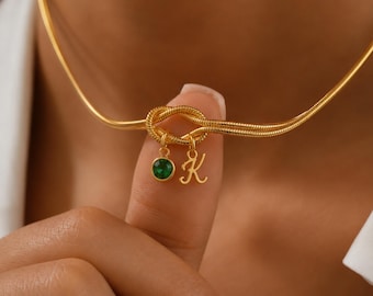 Personalized Initial Birthstone Necklace, Custom Letter Jewelry, Gold Knot Necklace, Bridesmaid Gift for Her