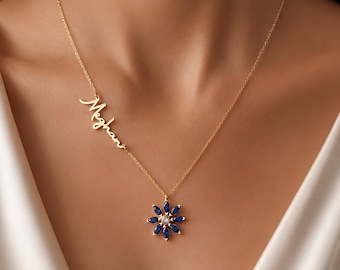 Custom Sapphire Necklace, Birthstone Name Necklace, Personalized September Birthday Gift for Her, Christmas Jewelry