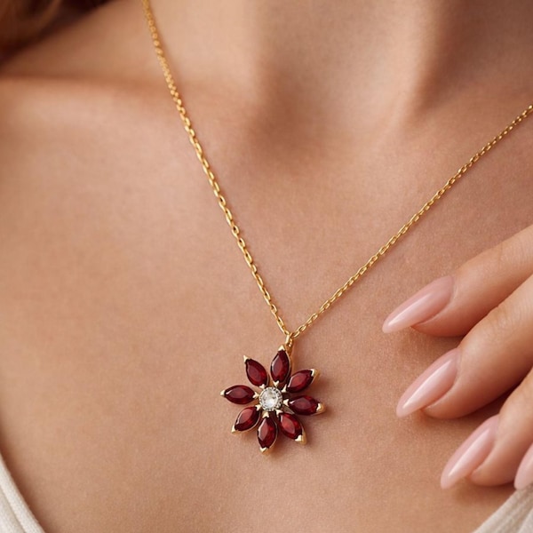 Collar de flor de granate en oro, colgante con piedra natal de enero, regalo para ella, joyería con piedras preciosas rojas.