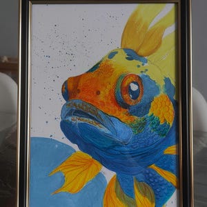 Pesce tropicale in tecnica mista realizzato a mano incorniciato