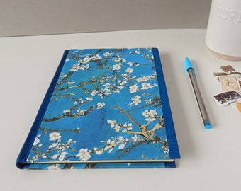 Journal, Leather Notebook, Almond blossoms & blue leather. A5 ruled pages.  Handmade Gift, Custom Recipe Book, Reading Nook, Bullet Journal