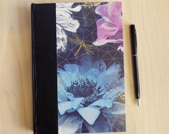 Flower & Dragonfly Journal - Floral hard cover journal with golden dragonflies. Gifts for Mothers Day