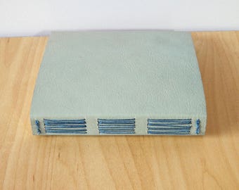 Pale Blue Leather Longstitch Journal with Garden Birds paper lining - Pocket Notebook, Sketchbook, Travel Journal, Garden Notebook