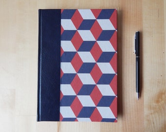 Squares Hand made journal, geometric pattern cover in Navy, White and Red. Squared pages. Gifts for Men, Gifts for Writers, Gifts for Geeks