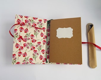 A6 Notebook Cover, Liberty Fabric & Cork for refill notebooks. Pansies, Viola floral fabric. Travellers Notebooks.