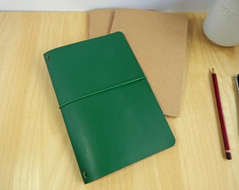 Green Leather A5 Notebook Cover Set. Journal, Sketchbook, Travel Notebooks. Refillable A5 Notebook Cover, 9" x 6". Gifts for Him.