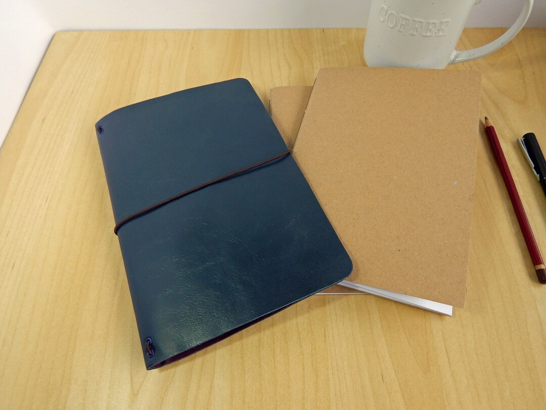 A5 Navy Blue Leather Journal Cover Set. Sketchbook, Travel Notebooks