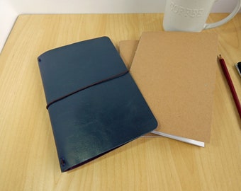 A5 Navy Blue Leather Journal Cover Set. Sketchbook, Travel Notebooks. Refillable 9" x 6" Notebook Cover. Luxury Gift. Leather Anniversary.