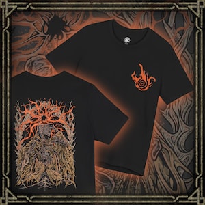 May include: Black t-shirts with orange graphic designs. One shirt features a flame-like emblem on the chest. The other shirt displays a detailed illustration of a skeletal figure with an intricate, fiery design on the back.