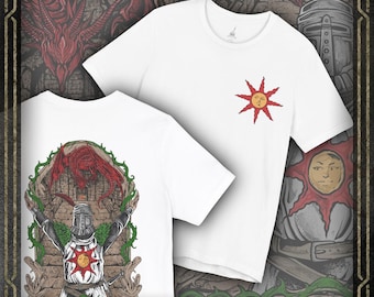 Camiseta blanca de doble cara Solaire of Astora de Drippy Souls