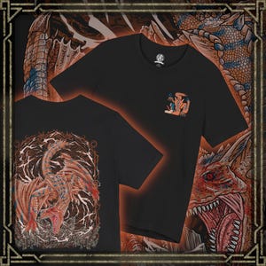 May include: Black t-shirts with dragon illustrations. One shirt features a large dragon design with red, orange, and blue accents. The other shirt has a smaller graphic on the chest. The background has a dragon theme.