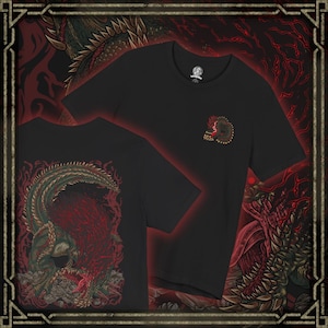 May include: Black t-shirt featuring a detailed illustration of a dragon with red and green accents. The design is on the front and back of the shirt. A smaller design is on the front left chest. The shirt has a crew neck and short sleeves.
