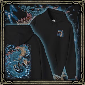 May include: Black hoodie featuring a detailed blue dragon design on the back and a smaller dragon emblem on the front. The dragon is surrounded by blue lightning bolts. The hoodie has a drawstring hood and a front pocket.