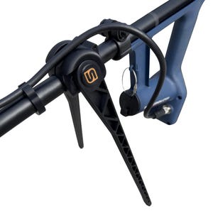 May include: A black metal bipod stand with a central hinge featuring an orange S logo, attached to a matte black horizontal rod. A blue plastic handle component with a circular port and a small metal ring is positioned behind the bipod legs.