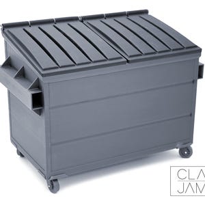 May include: A gray metal dumpster with a hinged lid and wheels. The dumpster has a rectangular shape and is made of corrugated metal.