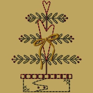 May include: A brown and green embroidered design of a Christmas tree with a red heart and a gold bow. The tree is in a brown and white striped pot. The text "Design by Primitive Keepers" is at the bottom of the image.