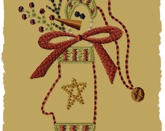 Snowman Mitten--5x7--Primitive Machine Embroidery Design--INSTANT DOWNLOAD