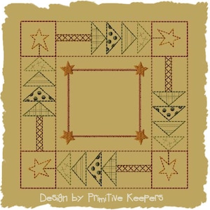 Primitive Machine Embroidery Design-The Quilted Tree Candle Mat-4 Inch-INSTANT DOWNLOAD