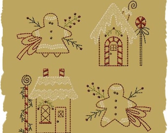 Primitive Machine Embroidery Design-Gingerbread Mini Collection 1- Version 2-4x4 SET-INSTANT DOWNLOAD