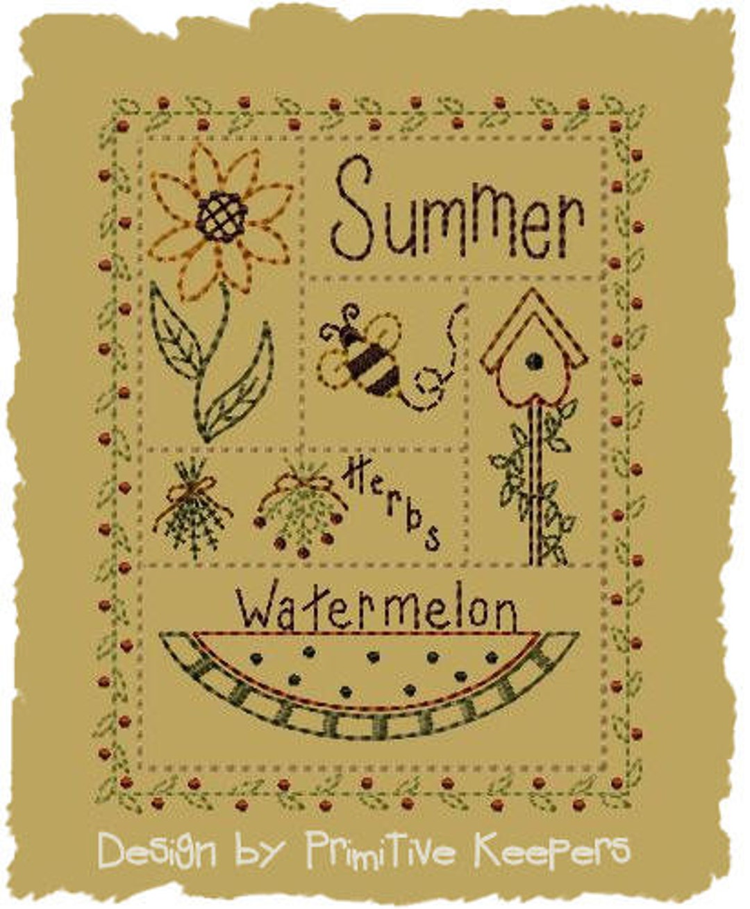 Summer Primitives Summer Sampler-version 2--5x7--primitive Embroidery Design--instant ...