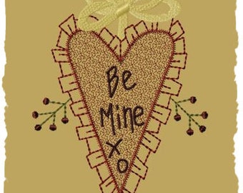 Be Mine Ruffled Heart--5x7--Primitive Embroidery Design--INSTANT DOWNLOAD