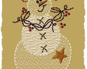 Flakes Snowman-Primitive Machine Embroidery Design~Version 1--(4x4)-INSTANT DOWNLOAD