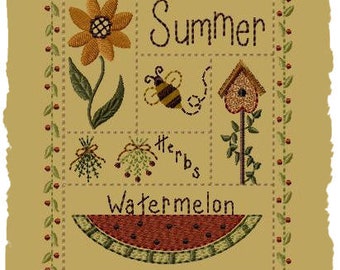 Summer Sampler-Version 1--5x7--Primitive Embroidery Design--INSTANT DOWNLOAD