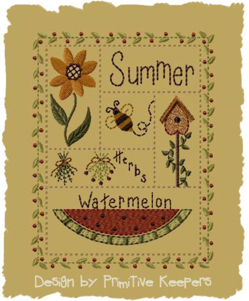 Summer Sampler-Version 15x7Primitive Embroidery DesignINSTANT DOWNLOAD image 1