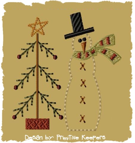 Snowman with Tree--5x7--Primitive Embroidery Design--INSTANT DOWNLOAD