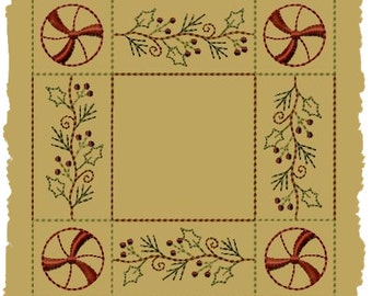 Primitive Machine Embroidery Design-Peppermint Holly Candle Mat-8 Inch-INSTANT DOWNLOAD