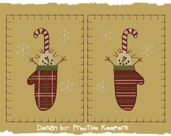 Primitive Machine Embroidery Design-Winter Mittens-Version 1-(2 Designs)-Medium Size-INSTANT DOWNLOAD